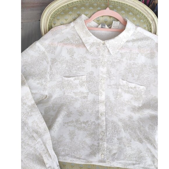Ivory Toile Shirt Cotton Lightweight Shell Buttons J Jill Collar Crop Country XL - Picture 5 of 14